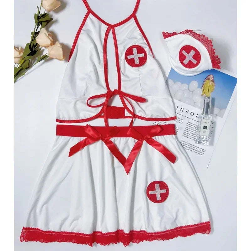 Toucheart Interesting Underwear Sexy Female Milk Silk Bow Knot Hollow Backless Nurse Uniform Lace Patchwork Sexy Lingerie Suit