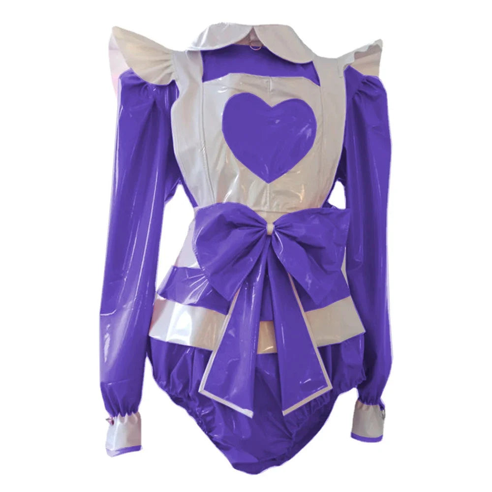 Long Sleeve heart Rompers Maid style with Big Bow Apron Spandex PVC Leather Cosplay Suits
