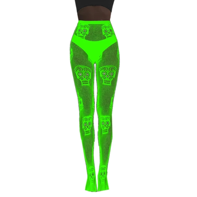 Women Glow in Dark Halloween Fishnet Pantyhose Luminously Spiderweb Skull Pattern Mesh Tights Stockings Party Hosiery