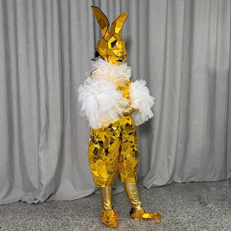 Gold Mirror Cosplay Surface Costume Adult Women Easter Festival Parade Party Outfit Rabbit Mascot Bunny Carnival Jumpsuit Men DJ