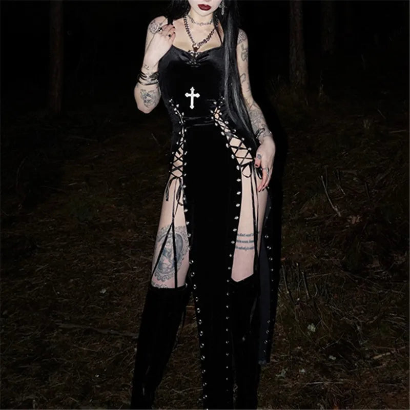 Goth Dark Punk Grunge High Split Hem Straps Dess 90s Streetwear Gown Women Sexy Corn Bandage Velvet Dresses Mall Gothic Clothing