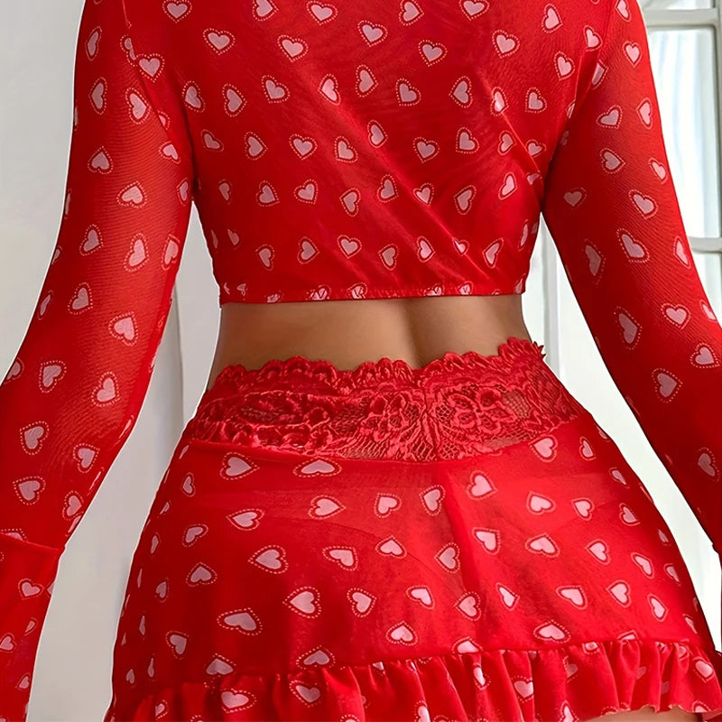 Ashburn 3 Piece Set See-through Sexy Lingerie For Women Red Love Bra Mesh Patchwork Ruched Lace Up Skirt Thong Sexy Suit New
