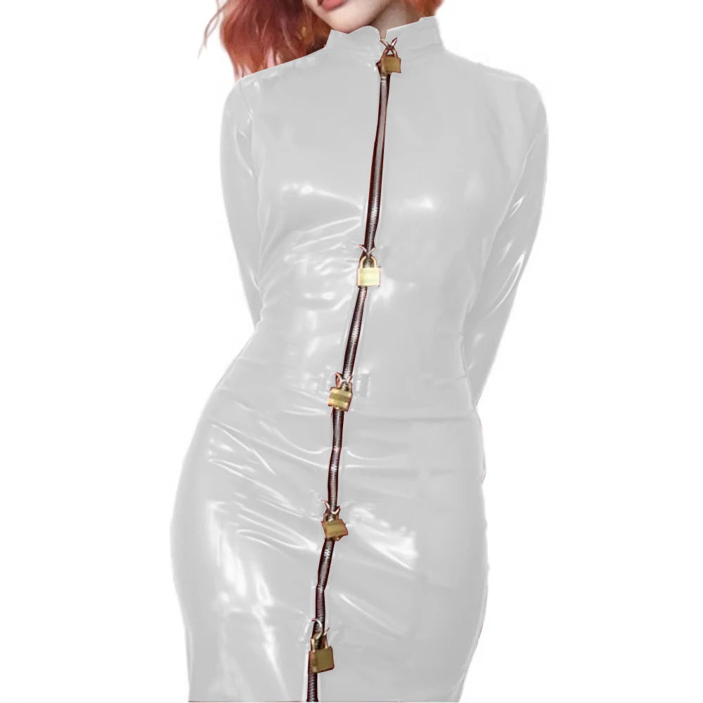 Lockable Sexy Sissy Cosplay PVC Leather Dress Long Sleeve Bodycon Madi Dress Bondage Bag Cover Hobble Dress Women Men Clubwear