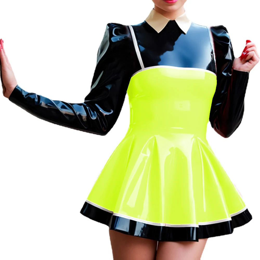 Wetlook-Glossy PVC Patchwork Mini Dress, Lapel Neck, Puff Sleeve, A-line Dress, Faux Latex, Long Sleeve, High Street, Party Club