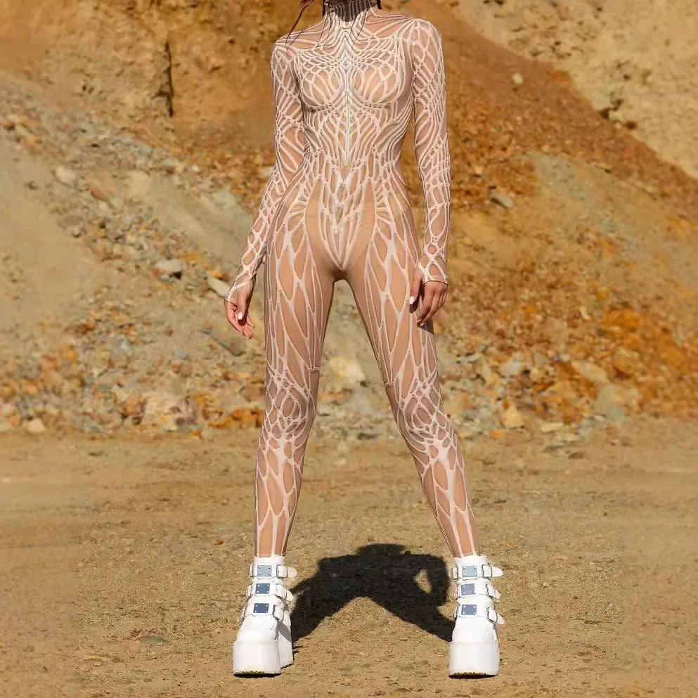 Psychedelic Mesh Cosplay Jumpsuit Catsuit Mesh Zentai Suit Rave Unique Suits Burning Man Festival Women Halloween Party Bodysuit