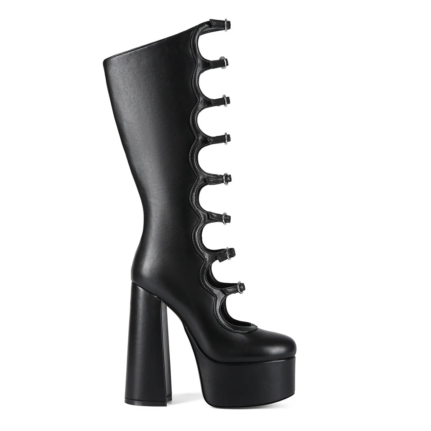 Thick Sole Black Hollow Calf Boots, Side Zipper Rough Square Heel Pole Dance Shoes, Super Heel Sexy Boots Large Size Footwear