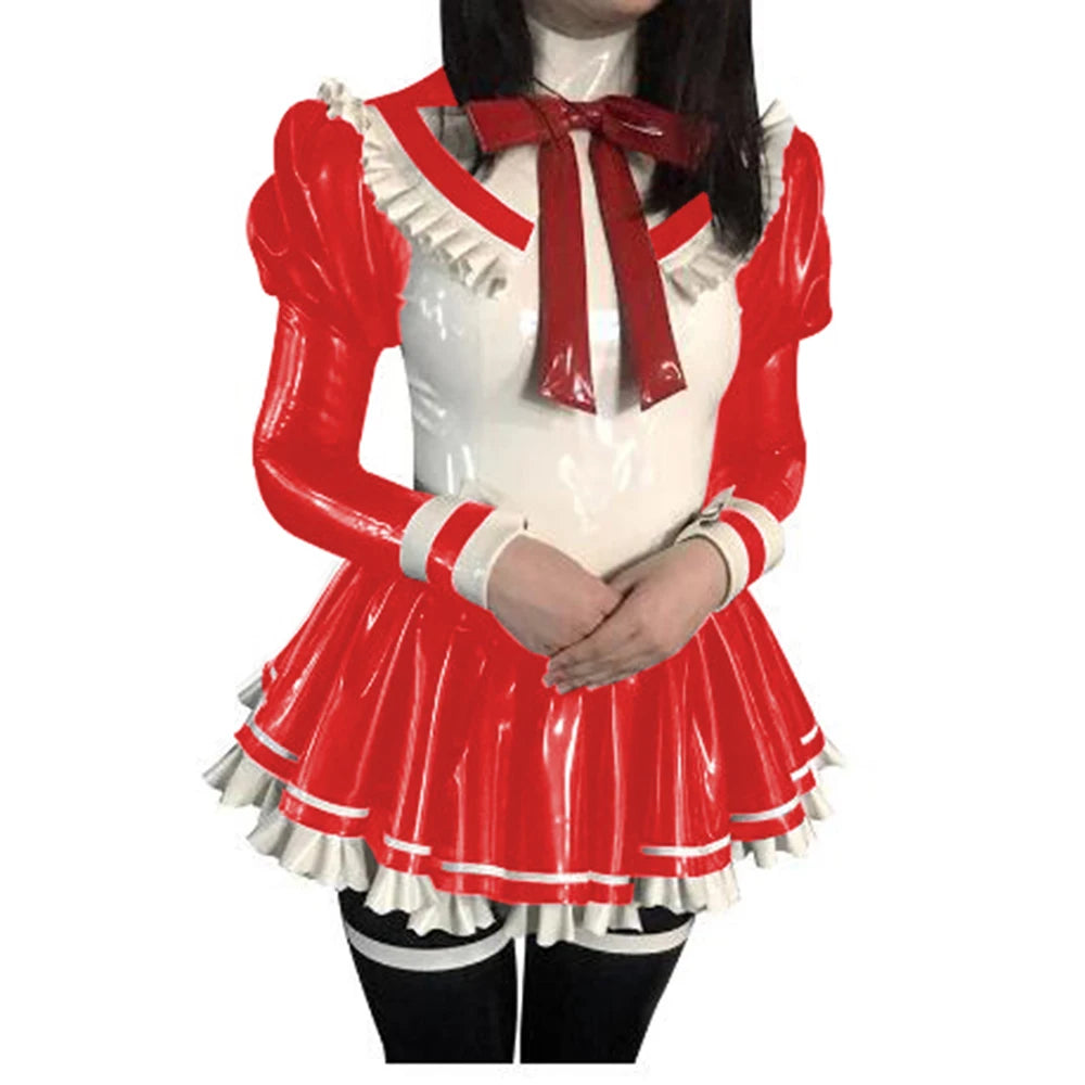 Cosplay Custom Mini Dress Sexy Faux Latex French Maid Club Dresses Long Puffs Sleeves Ruffles PVC Uniform Outfit Clubwear