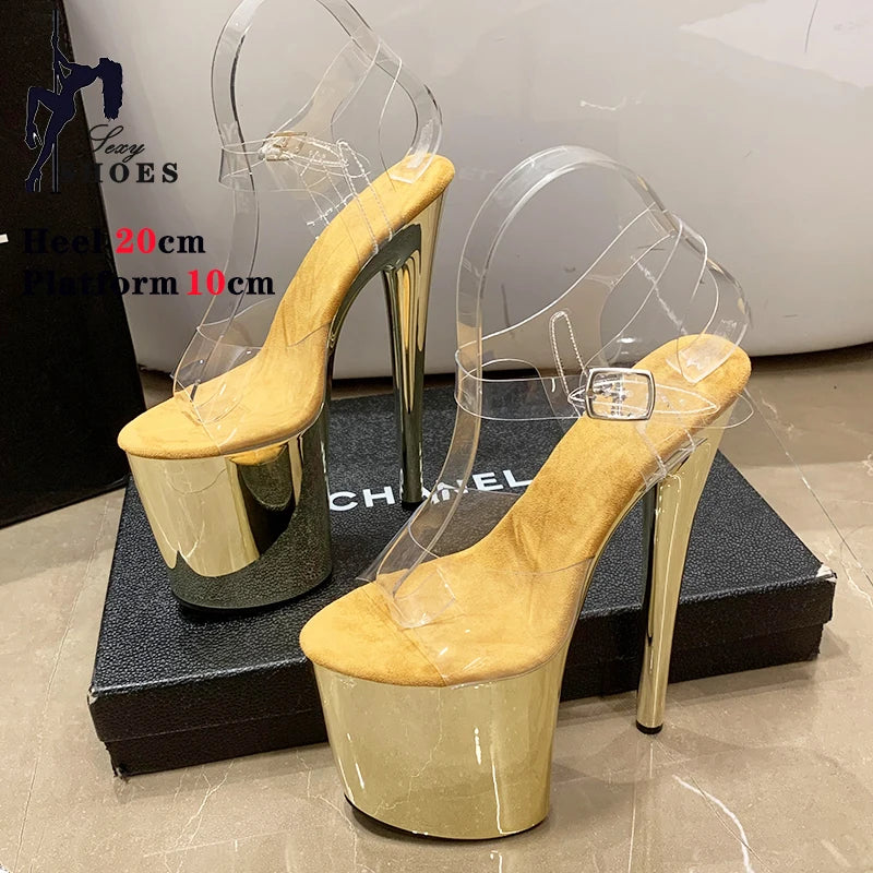 20CM Sexy Pole Dance Shoes Fashion Party Womens Sandals Transparent Buckle Striptease High Heels Fetish Platform Catwalk Shoess