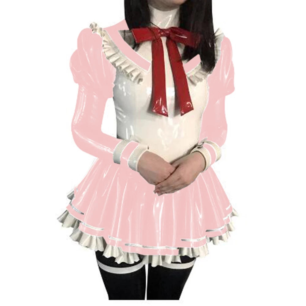 Cosplay Custom Mini Dress Sexy Faux Latex French Maid Club Dresses Long Puffs Sleeves Ruffles PVC Uniform Outfit Clubwear