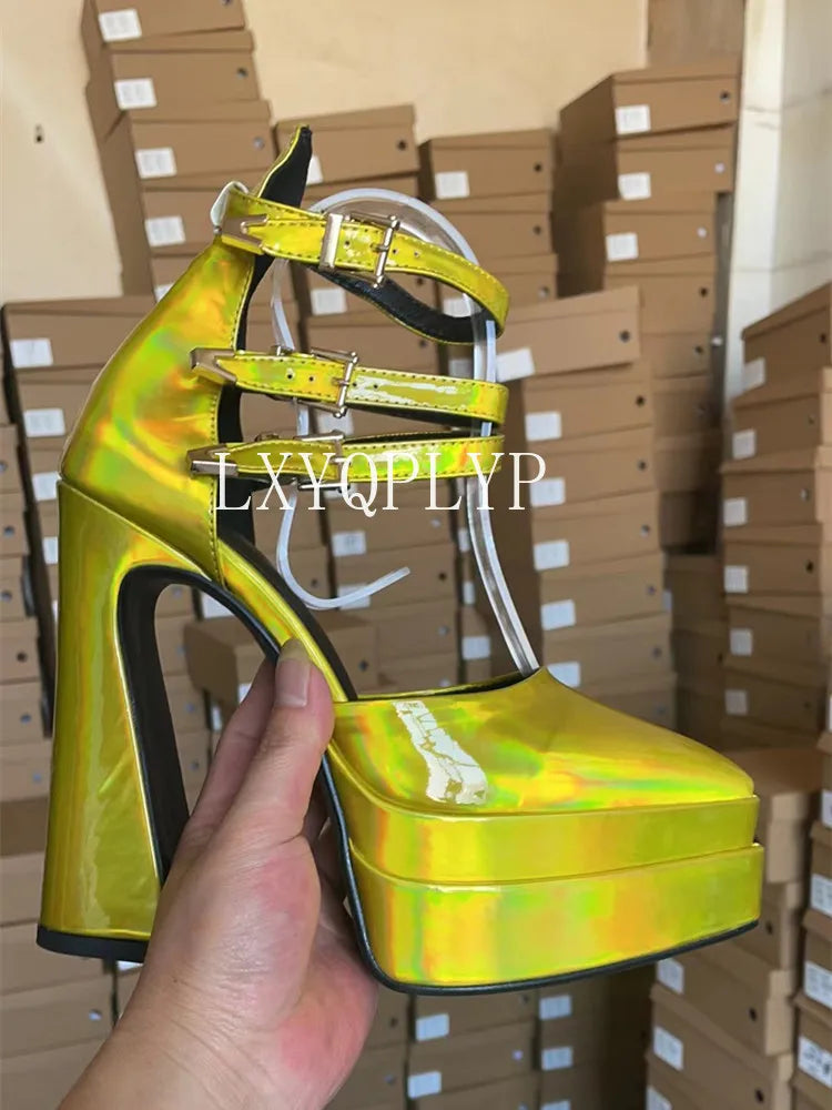 Pointed Toe Patent Leather Roman THICK HEELS Women's Platform Summer Thick High HeelS