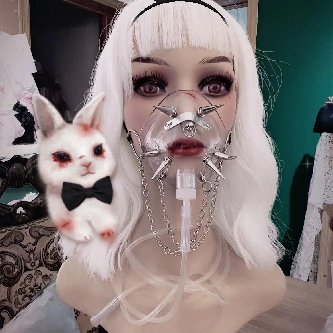 Cyberpunk Harajuku Gothic Grunge Rivets Metal Chain PVC Mask Y2k Punk Cosplay Transparent Breath Masks Chic Party Accessory