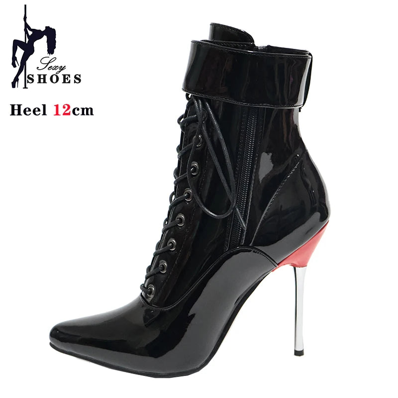 New High Heel 12cm Stilleto Sexy Ankle Boots Pointed Toe Two Lockable Padlocks Women Shoes T Show Thin High Heels Plus Size