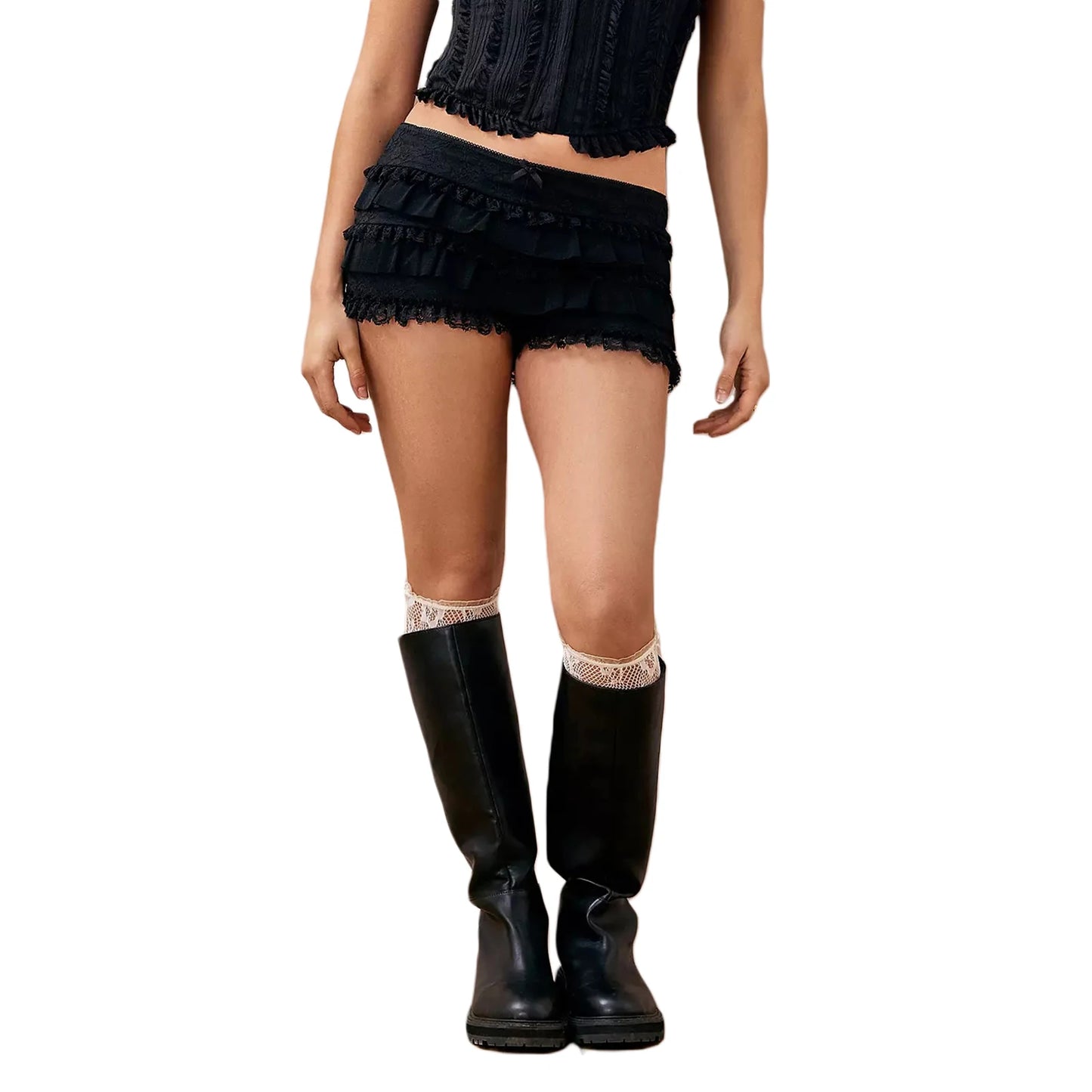 Women Solid Color Lace Bloomers Shorts Casual Summer Layered Ruffle Elastic Short Pants for Vacation Beach Nightclub Streetwear