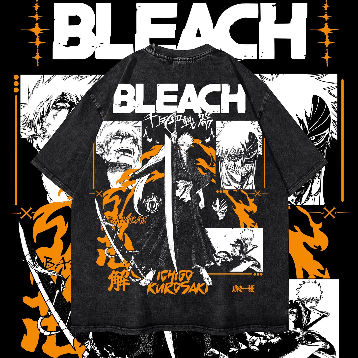 Anime Bleach T-Shirt Oversized Vintage Washed Zaraki Kenpachi T-Shirts Retro Harajuku Ichigo Rukia Tops Tees Man 100% Cotton
