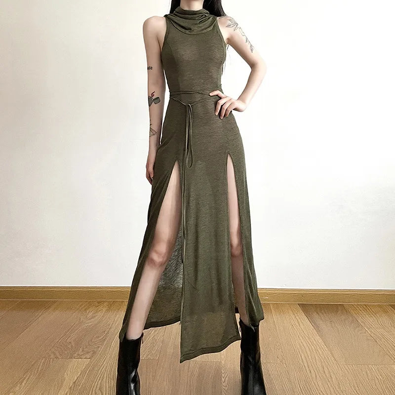 2025 Women's Goth Dark Cyber Gothic Hooded Dresses Y2k Punk Grunge Hollow Out Midi Dress Vintage Sexy Split Side Bodycon Dress