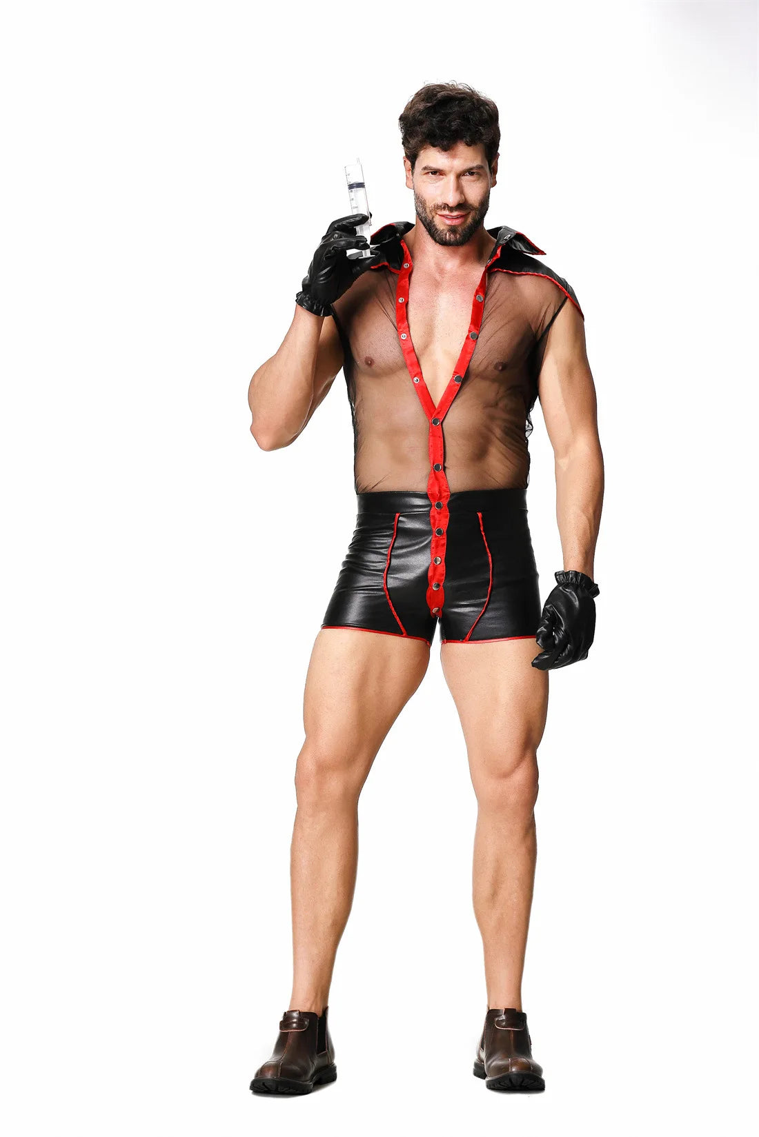 Sexy Mens Firefighter Bodysuit Mesh See Through Underwear Faux Leather Clown Cosplay Costume Nightclub Cowboy Uniform Hat Set