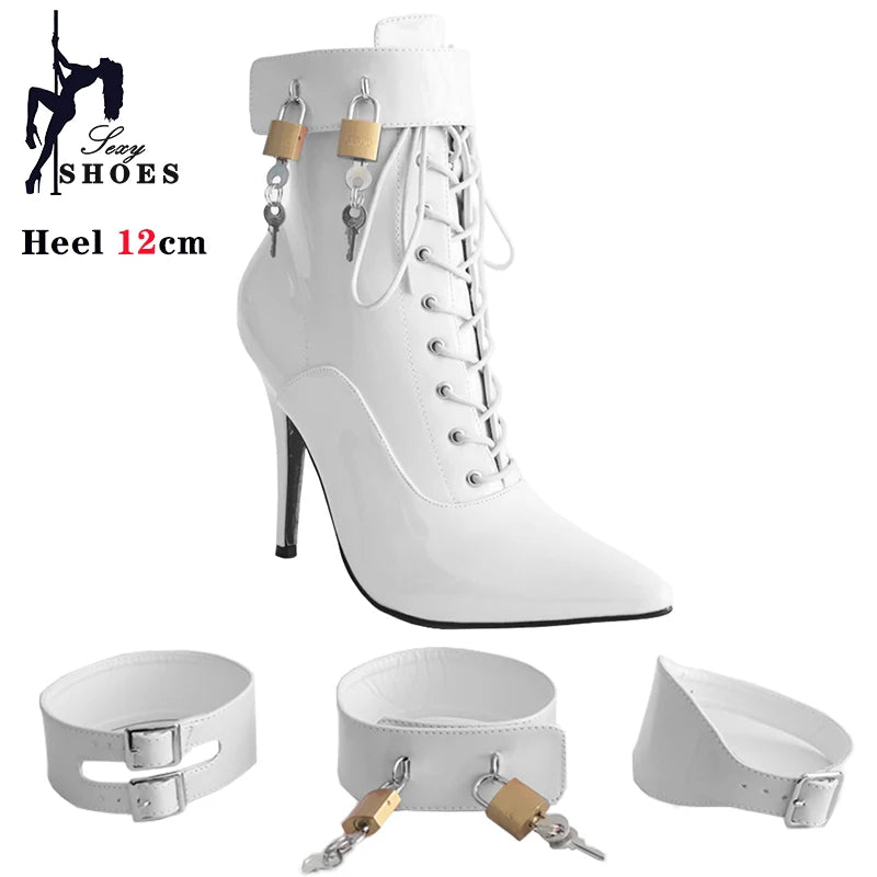 New High Heel 12cm Stilleto Sexy Ankle Boots Pointed Toe Two Lockable Padlocks Women Shoes T Show Thin High Heels Plus Size