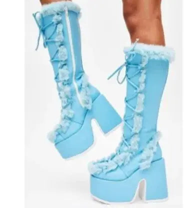 New Winter Women Snow Boots Platform High Heel Faux Fur Lady Shoes Female Plush Warm Non-slip Mid Calf Boots Goth Shoes