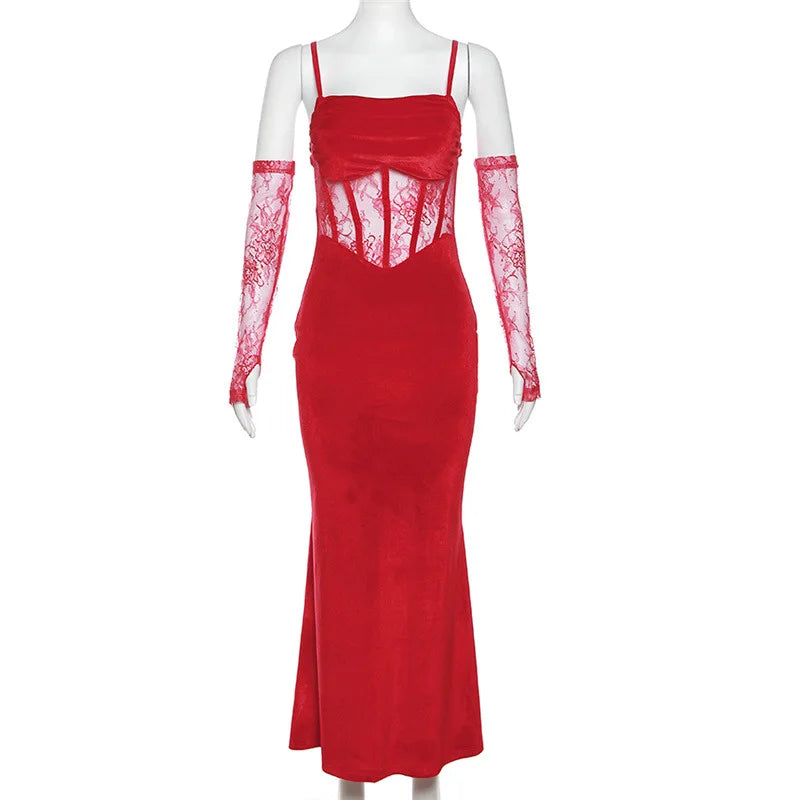 Goth Dark Velvet Y2k Ruched Elegant Corset Dresses Gothic Lace Patches Sheer Sling Party Dress Red Black Ladies Backless Clothes