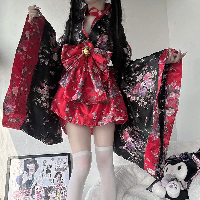 6pcs Traditional Japanese Kimono Robe Kawaii Pink Sakura Printed Bowknot Lolita Dress Halloween Party Geisha Cosplay Costumes