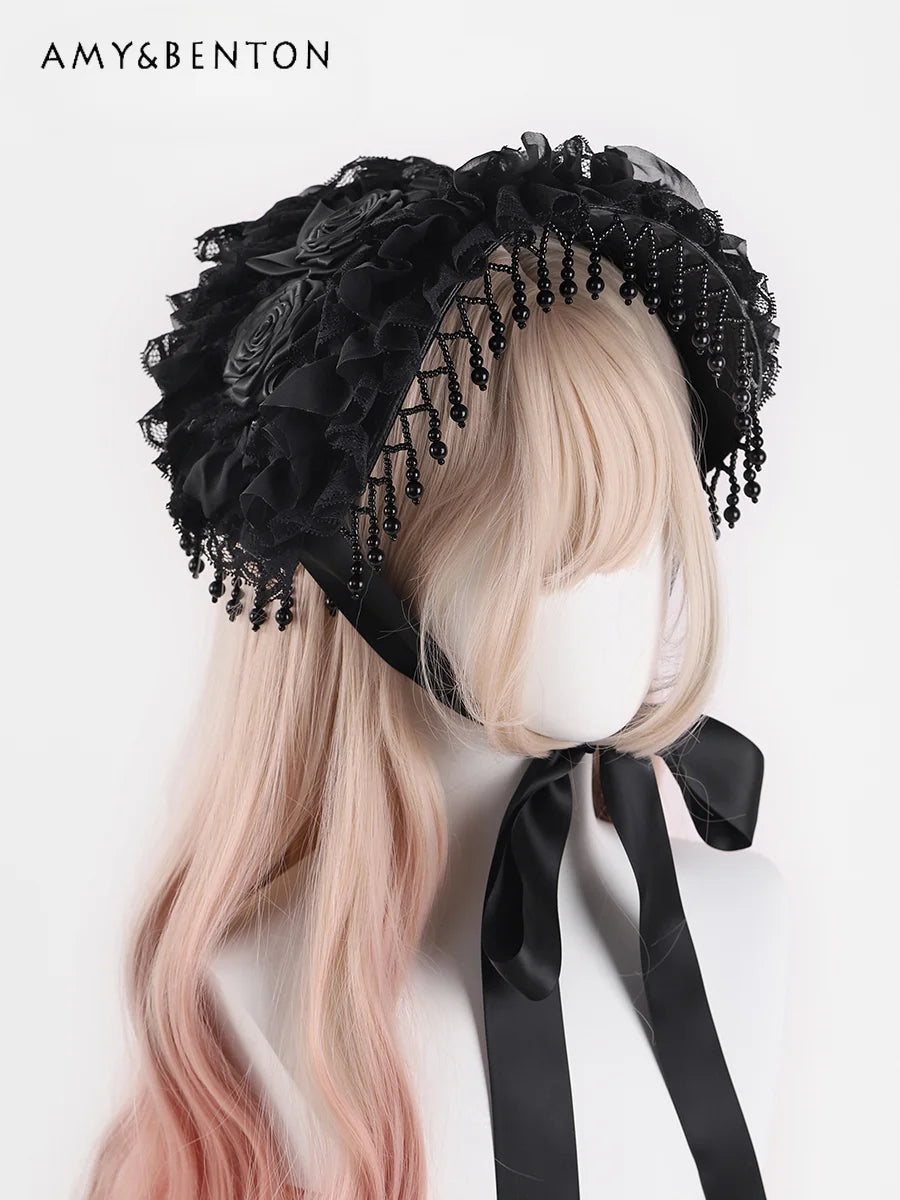 Original Handmade Gothic Dark Cosplay Lolita Hat Subculture Punk Style Black Pearl Fringed Lace Rose Hats Halloween Hat Women