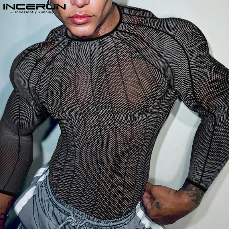 Party Nightclub Style Tops INCERUN Men's See-through Thin Design T-shirts Sexy Leisure Male Hot Sale Long Sleeved Camiseta S-3XL