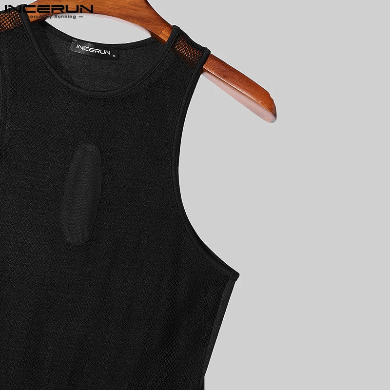 Sexy Stylish Style Homewear INCERUN Men Mesh Hollow See Through Jumpsuits Casual Fashion Patchwork Sleeveless Triangle Bodysuits