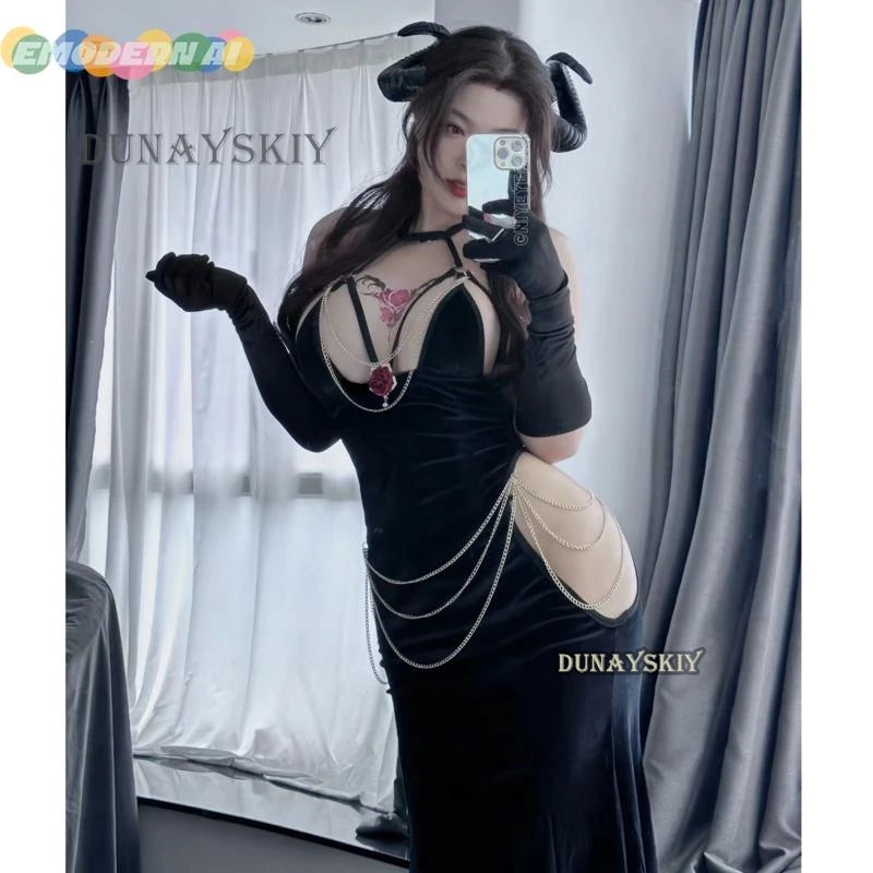 Anime Overlord Albedo Cosplay Costumes Glove Dress Wrapped Hip Open Crotch Fish Tail Skirt Black Mermaid Halloween Lute