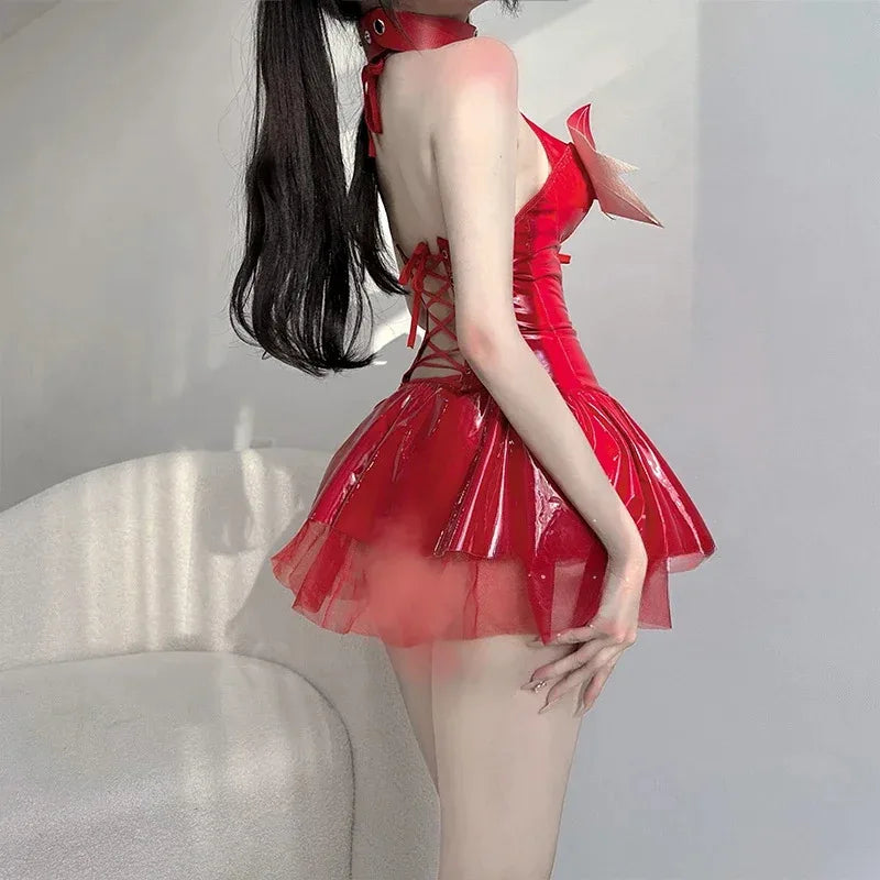 A Litter Of Bears Women Sexy Clubwear Anime Red Devil Erotic Lingerie PU Leather Bandage Temptation Halter Neck Vampir 2025 New