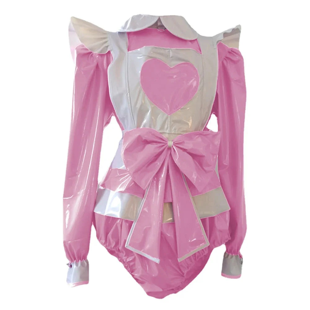 Long Sleeve heart Rompers Maid style with Big Bow Apron Spandex PVC Leather Cosplay Suits