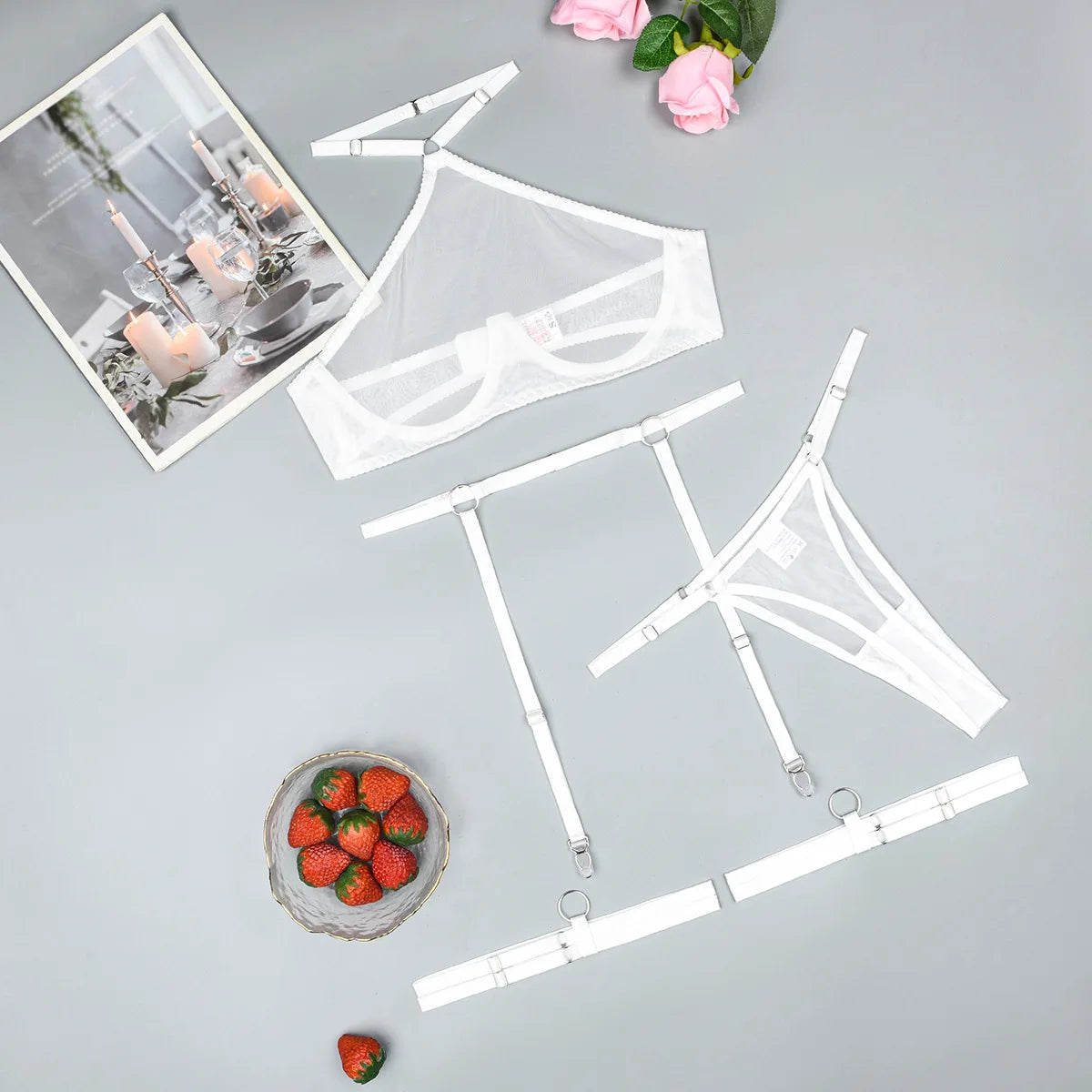 Toucheart 2024 Erotica Underwear Kit Ultra-Thin See-Through Mesh Steel Ring Gathered Sexy Hanging Neck Lingerie Four-Piece Set