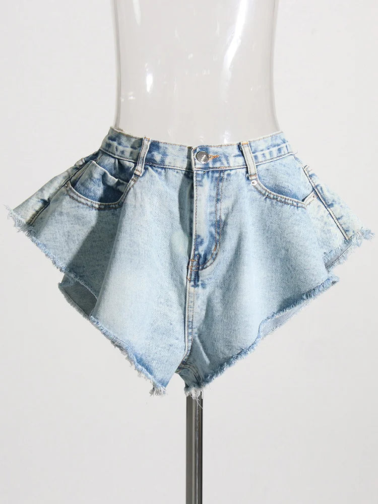 Patchwork Pockets Solid Casual Denim Shorts For Women High Waist Spliced Button Minimalist Loose Short Pants Female Style