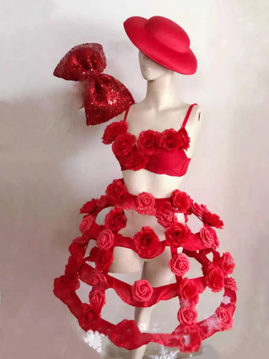 Valentine's Day Costume Red Rose Flower Tiered Skirt Dance Outfit Adult Carnival Party Bar Nightclub Performance Sexy Stage Wear