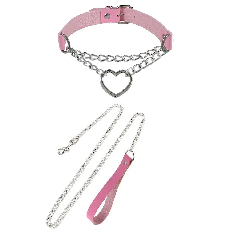 Sexy Necklace Collar Leather Bdsm Cosplay Slave Heart Collars And Leash Set For Women Bondage Gothic Choker Bell Accessories
