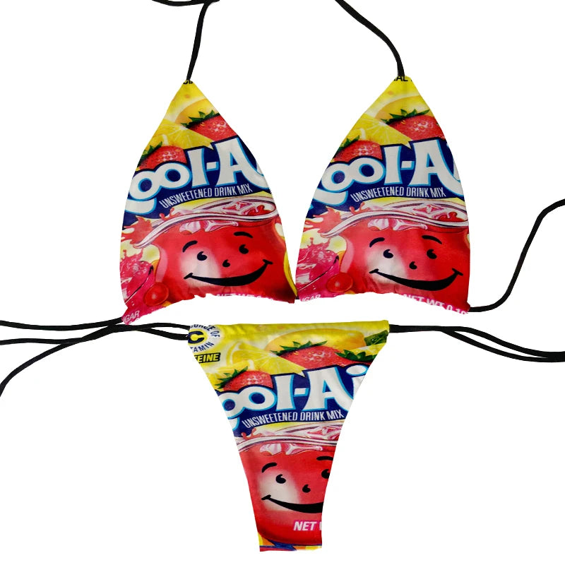 Funny food and potato chip print summer swimsuit women sexy bikini panties thong G-string swimming trunks beachwear
