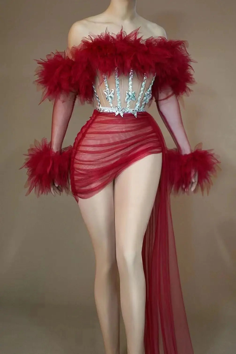 ASHBURN™ PLUME AFFAIR: Multi-Color Feathered Corset Gown with Side Drape