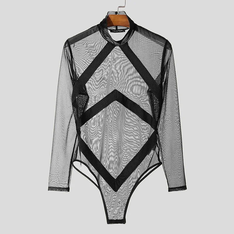 Fashion Casual Men's Jumpsuits INCERUN Perspective Mesh Splicing Strap Design Bodysuit Sexy Male Hot Selling Thin Homewear S-3XL