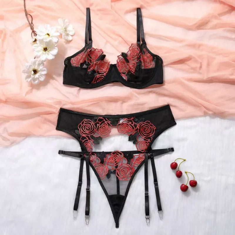 ASHBURN 3 Piece Set Sexy Lace Embroidery Bra Set For Women Mesh Patchwork Perspective Sexy Garters Steel Rings Underwear Set