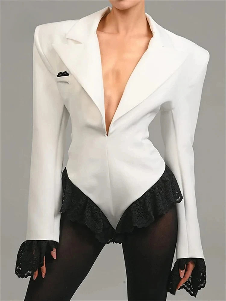 Toucheart Sexy Lingerie Onesie for Women Deep V-neck Lace Patchwork Long-sleeved Jumpsuit Sexy Contrast Color Underwear Suit New