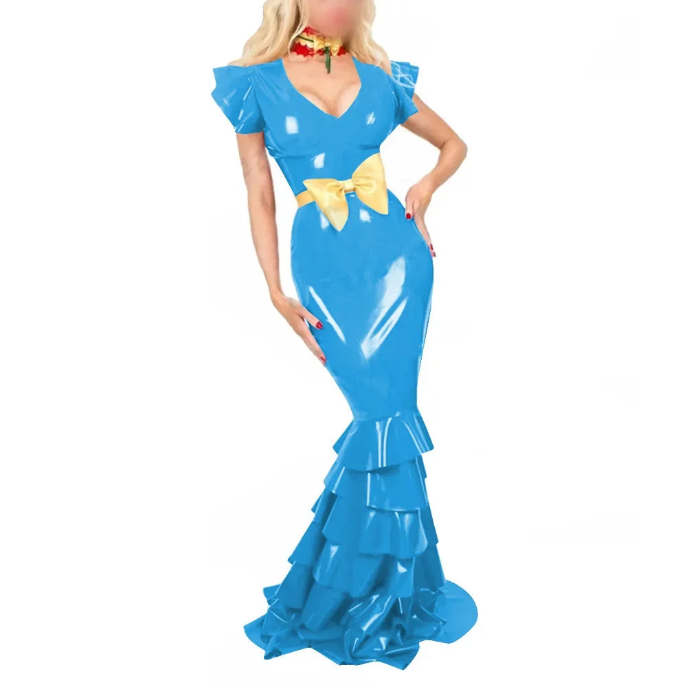 Plus Size Sexy V Neck Hobble Dress Vestido PVC Leather Short Sleeve Slim Ruffled Design Bodycon Maxi Dress Banquet Venue Gown