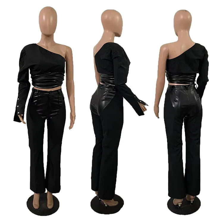 Women Two Piece Pant Sets Leather Spliced Long Pants Button One Shoulder Tops Irregular Patchwork Streetwear Slim Fits 2025