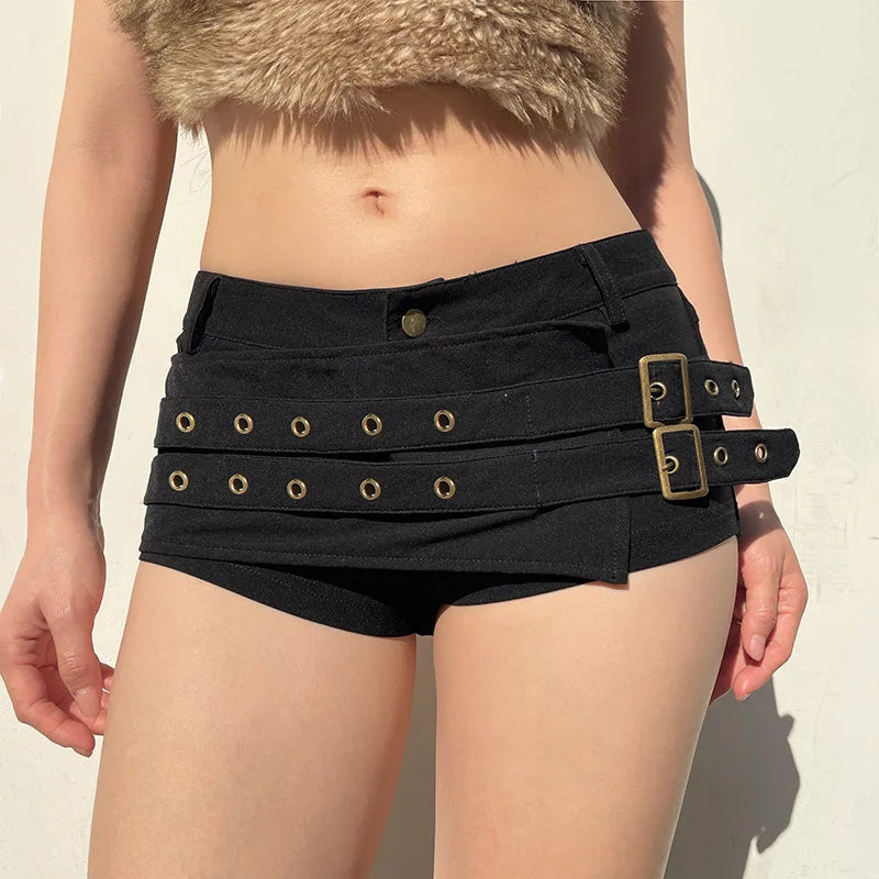 Goth Dark Punk Style Metal Buckle Ultrashort Pants Mall Goth Low Waist Skinny Shorts Cyber Y2K Streetwear Women Alt Hot Pants