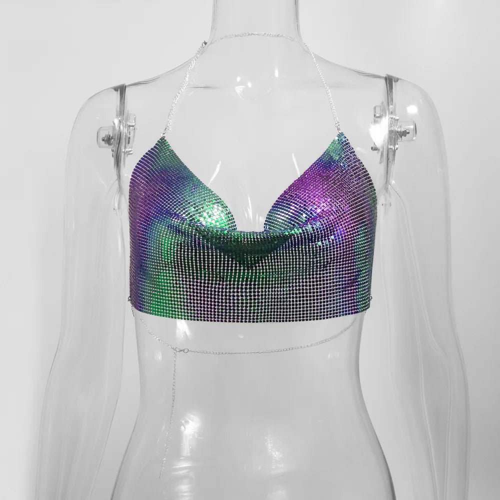 Sexy Metal Metallic Crop Top Women Beach Halter Corset Tops Glitter Backless Party Club Tank Top Clothes Top Camisole Croppe