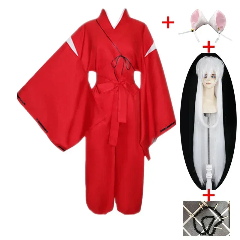 Anime Inuyasha Cosplay Costume Red Japanese Kimono Man Robe Costume Clothing With Wigs Ears And Necklace For Halloween Party