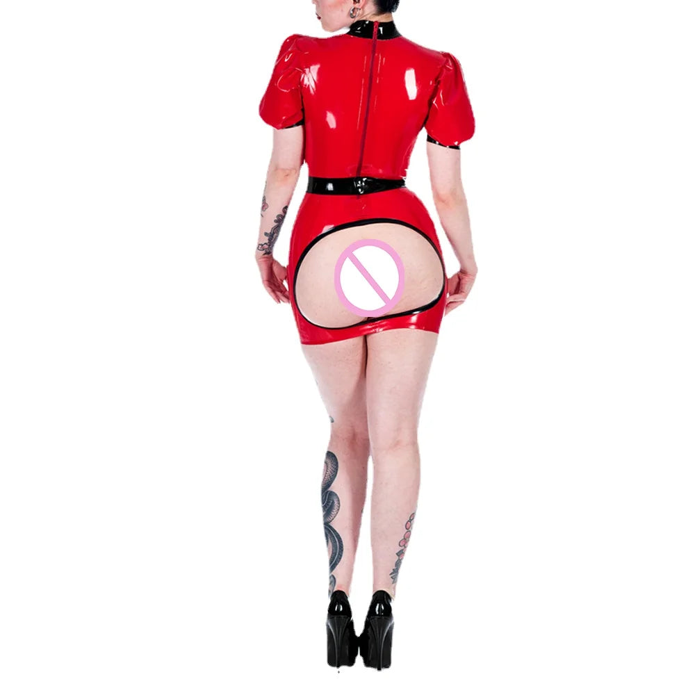 Sexy Shiny PVC Open Chest Apron Nurse Uniform Exotic Party Hip Exposed Bodycon Mini Dress Fetish Cosplay Costumes Role Play Set