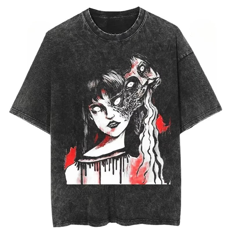 Anime Tomie Kawakami Junji Ito High-Street Washed Distressed Casual Sporty Light Luxury Men's Tees, Women's Short Tees & Couple