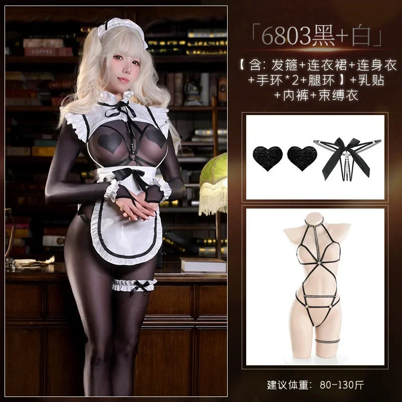 Sexy Crotchless Lingerie Women Cosplay Lolita Uniform French Apron T panties Maid Dress Erotic Underwear Role Play Costumes sets
