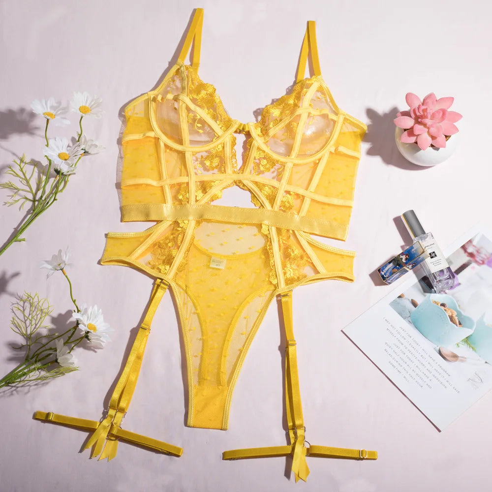 Toucheart Lace Embroidery Jumpsuit For Women Mesh Patchwork See-through Sexy Hollow Out Underwear Solid Color Garters Underwear