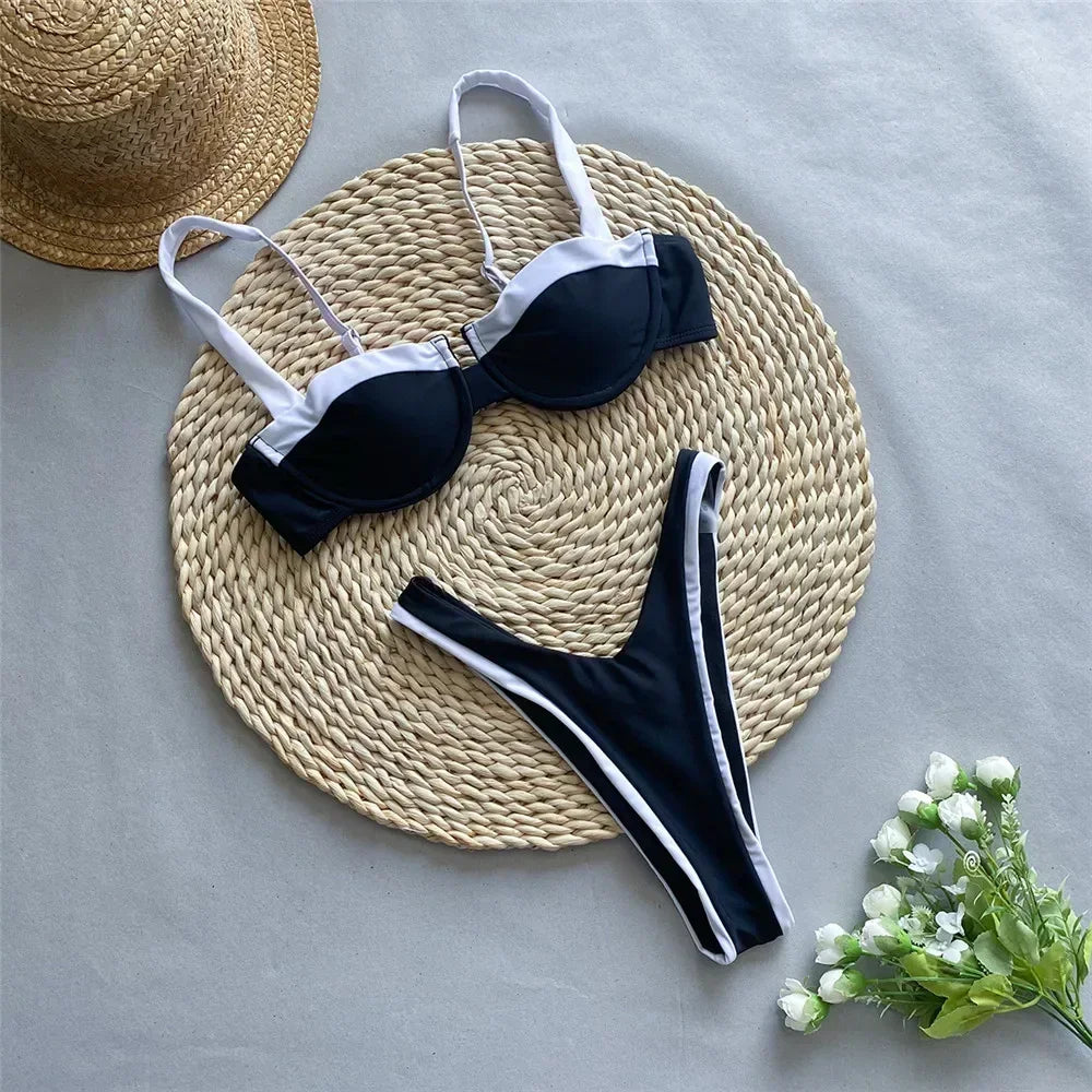 Contrast Colors Black Bikini Push Up Sexy Micro Thong Swimsuit Women 2025 Underwired Swimwear High Cut Bathing Suit Bikinis Sets