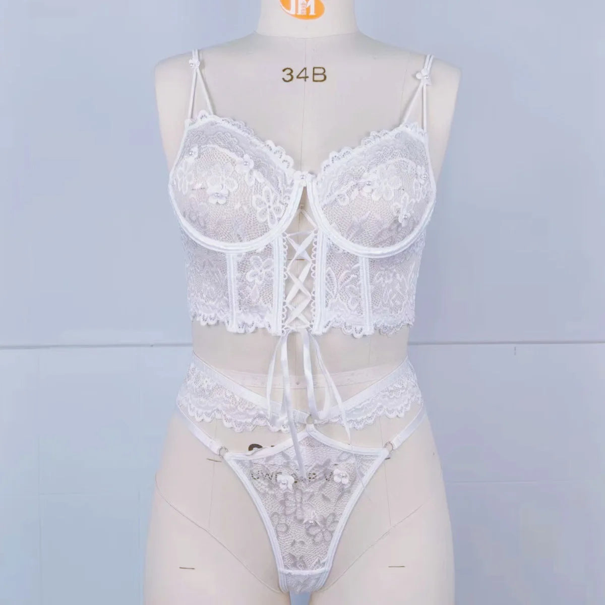 Toucheart Sexy Lingerie Strap Underwire Lace Bra For Women Sexy Beaded 3D Flower Hollow Out See-through Lace Up Underwear Set